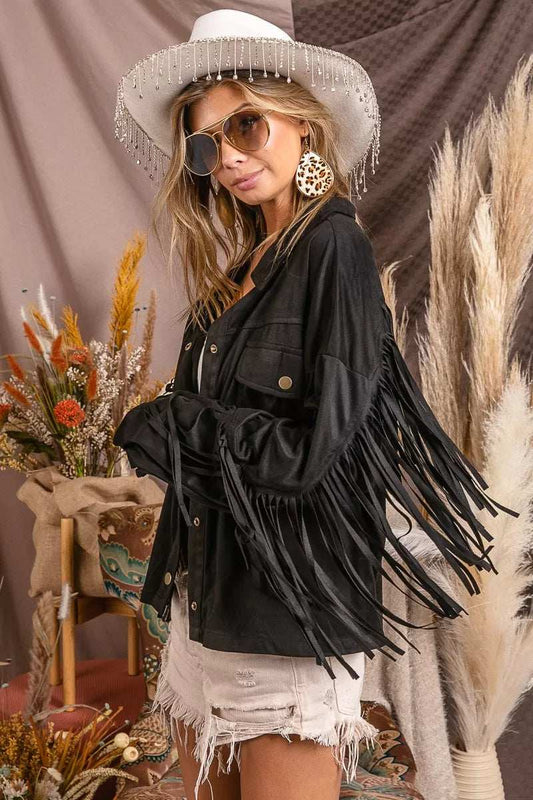 BiBi Suede Fringe Long Sleeve Jacket - Trendsi - Flyclothing LLC