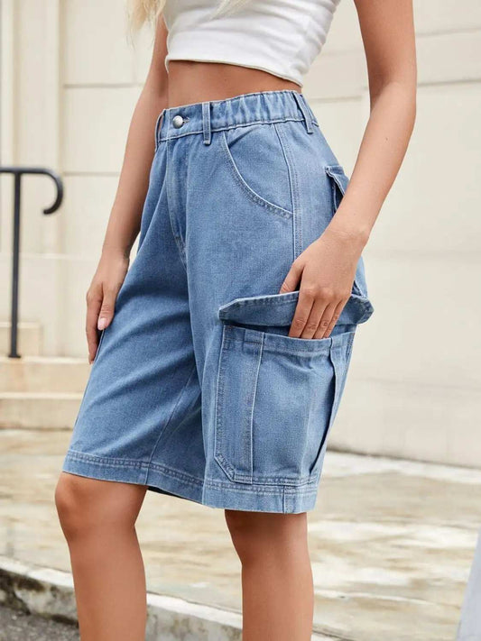 High Waist Denim Shorts with Pockets - Trendsi - Flyclothing LLC