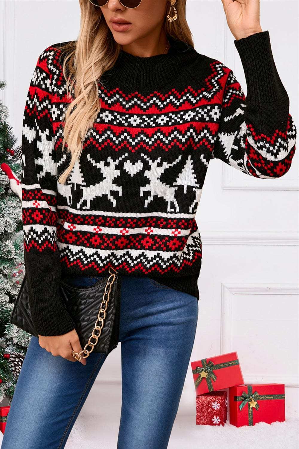 Angel Wings Reindeer Round Neck Long Sleeve Sweater - Trendsi - Flyclothing LLC