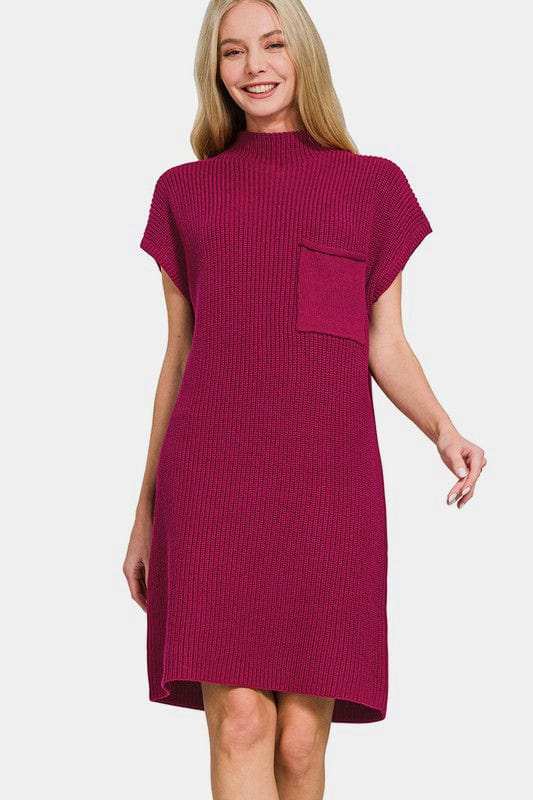 Zenana Mock Neck Short Sleeve Sweater Dress - Trendsi - Flyclothing LLC