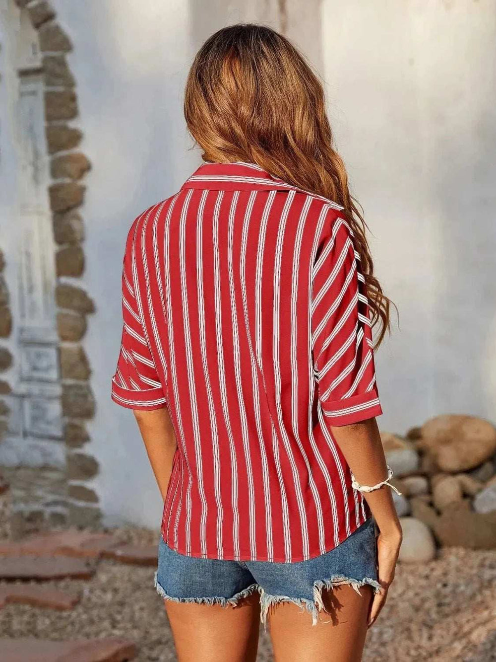 Striped Collared Neck Half Sleeve Shirt - Trendsi - Flyclothing LLC