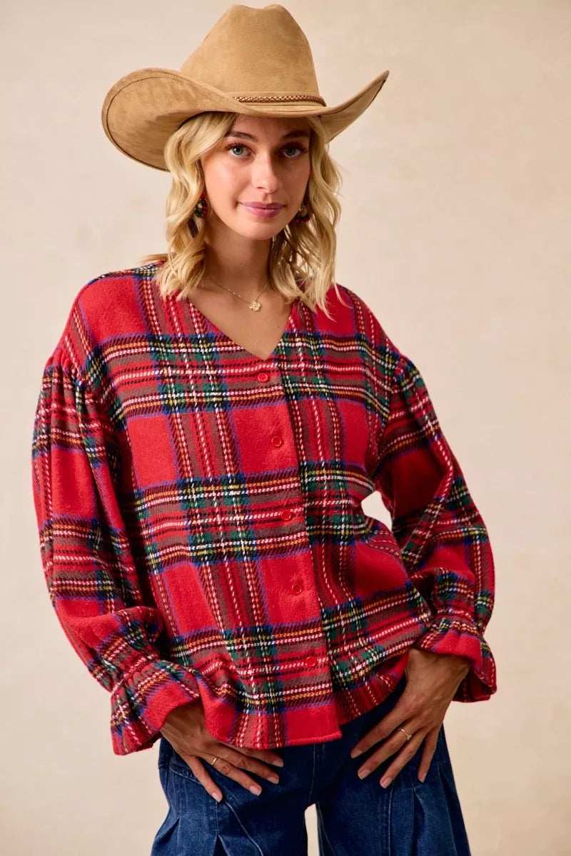 BiBi Christmas Plaid V-Neck Flounce Sleeve Jacket - Trendsi - Flyclothing LLC