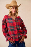BiBi Christmas Plaid V-Neck Flounce Sleeve Jacket - Trendsi - Flyclothing LLC