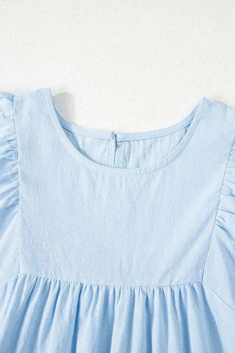 Solid Color Embroidered Scalloped Sleeves Crew Neck Blouse - Trendsi - Flyclothing LLC