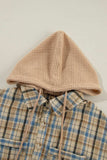 Drawstring Waffle Knit Patchwork Hooded Plaid Shacket - Trendsi - Flyclothing LLC