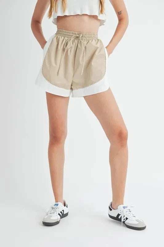 MABLE Drawstring Waist Contrast Trim Detail Shorts - Trendsi - Flyclothing LLC