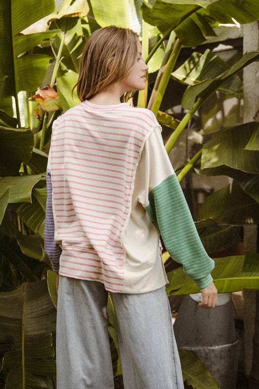 BiBi Exposed Seam Slit Striped Round Neck T-Shirt - Trendsi - Flyclothing LLC