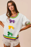 BiBi Short Puff Sleeve Ribbon Bow Mardi Gras Sweater - Trendsi - Flyclothing LLC