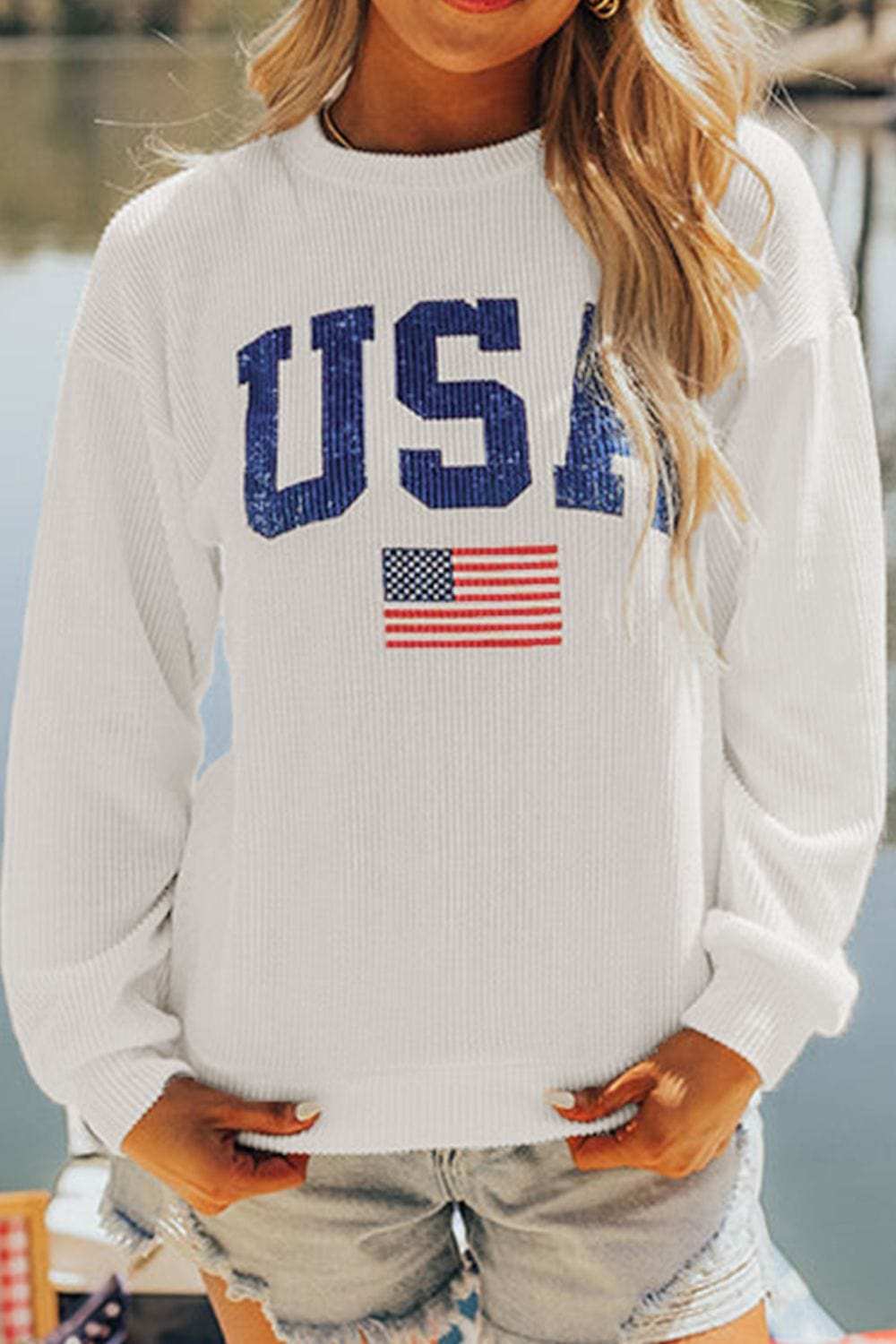 US Flag Corded Long Sleeve Sweatshirt - Trendsi - Flyclothing LLC