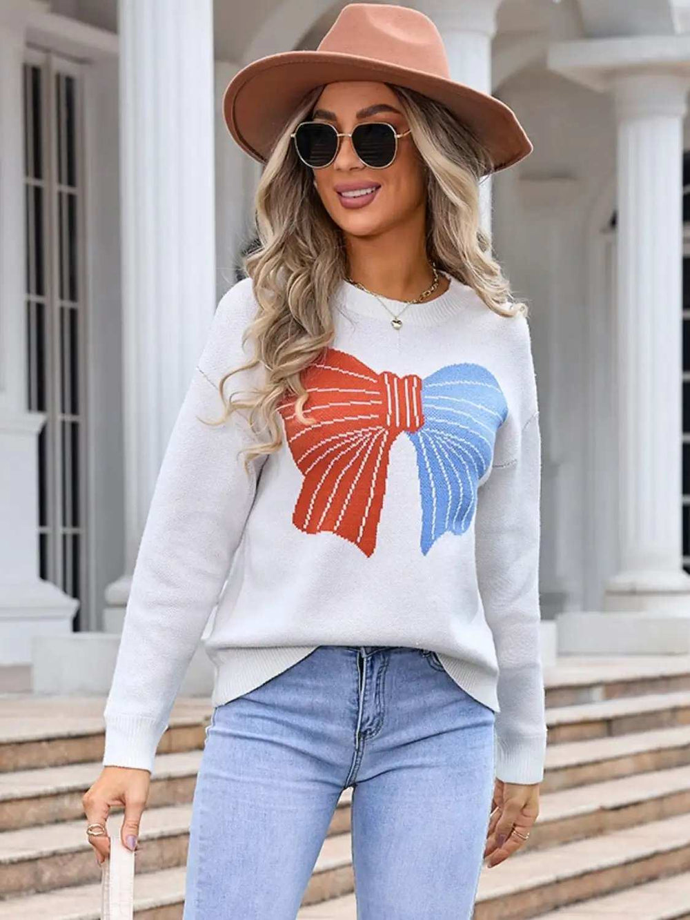 Angel Wings Bow Round Neck Dropped Shoulder Sweater - Trendsi - Flyclothing LLC