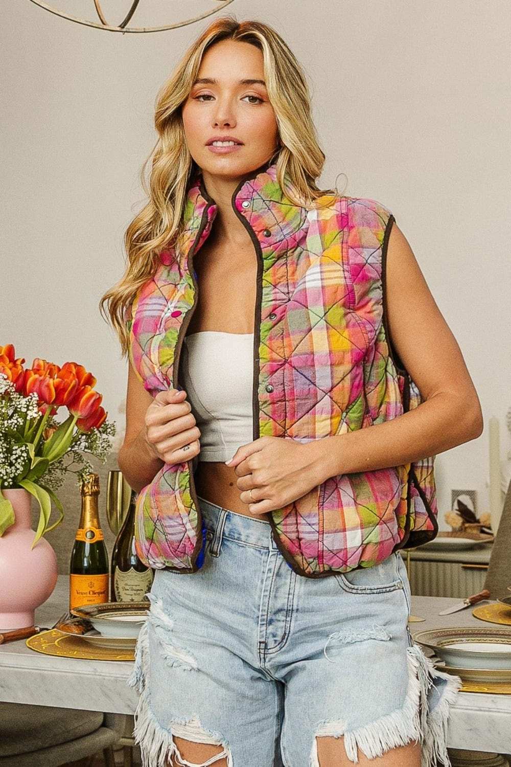 BiBi Quilted Washed Plaid Snap Down Vest - Trendsi - Flyclothing LLC