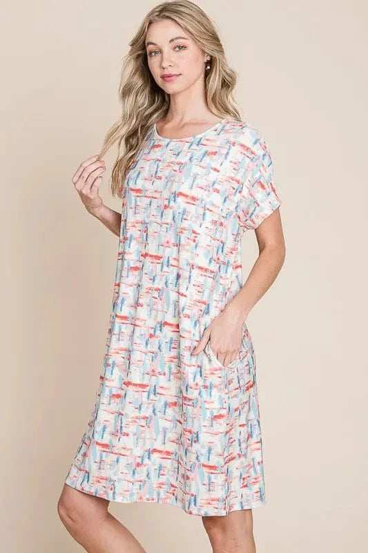 BOMBOM Printed Round Neck Short Sleeve Tee Dress - Trendsi - Flyclothing LLC