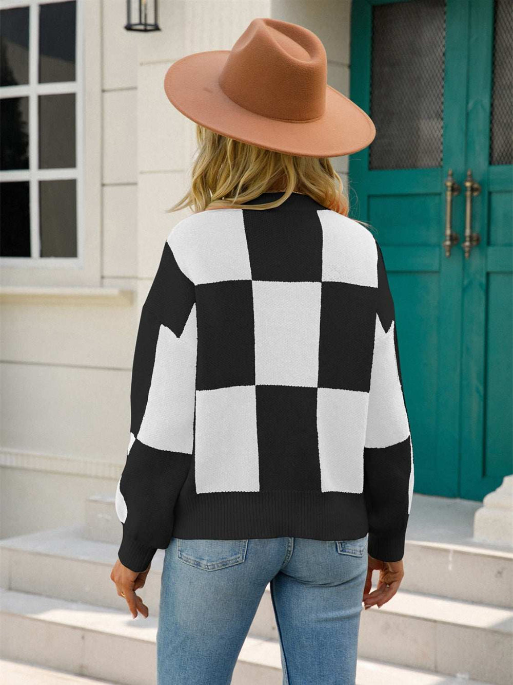 Angel Wings Checkered Round Neck Dropped Shoulder Sweater - Trendsi - Flyclothing LLC