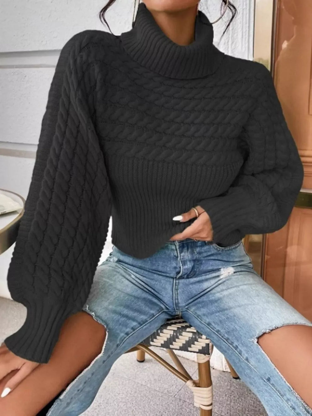 Full Size Textured Knit Turtleneck Long Sleeve Sweater Plus Size - Trendsi - Flyclothing LLC