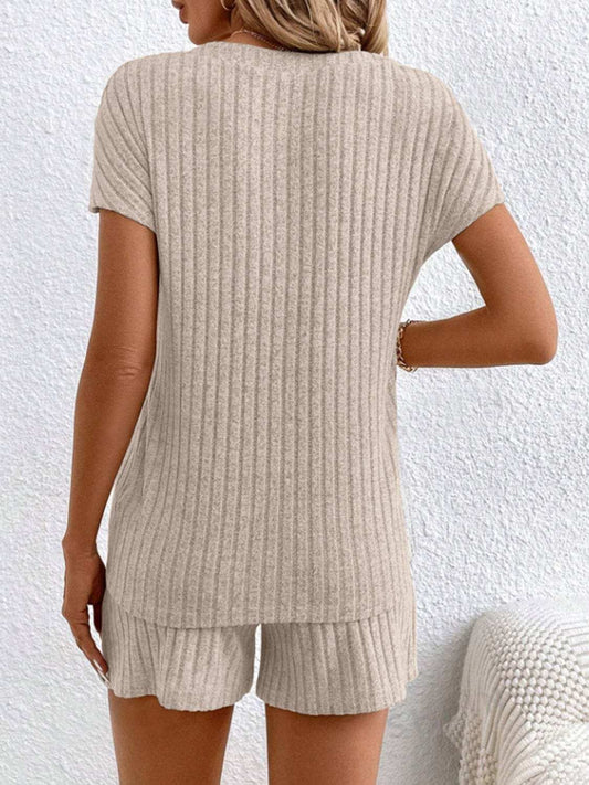 Ribbed V-Neck Top and Shorts Set - Trendsi - Flyclothing LLC