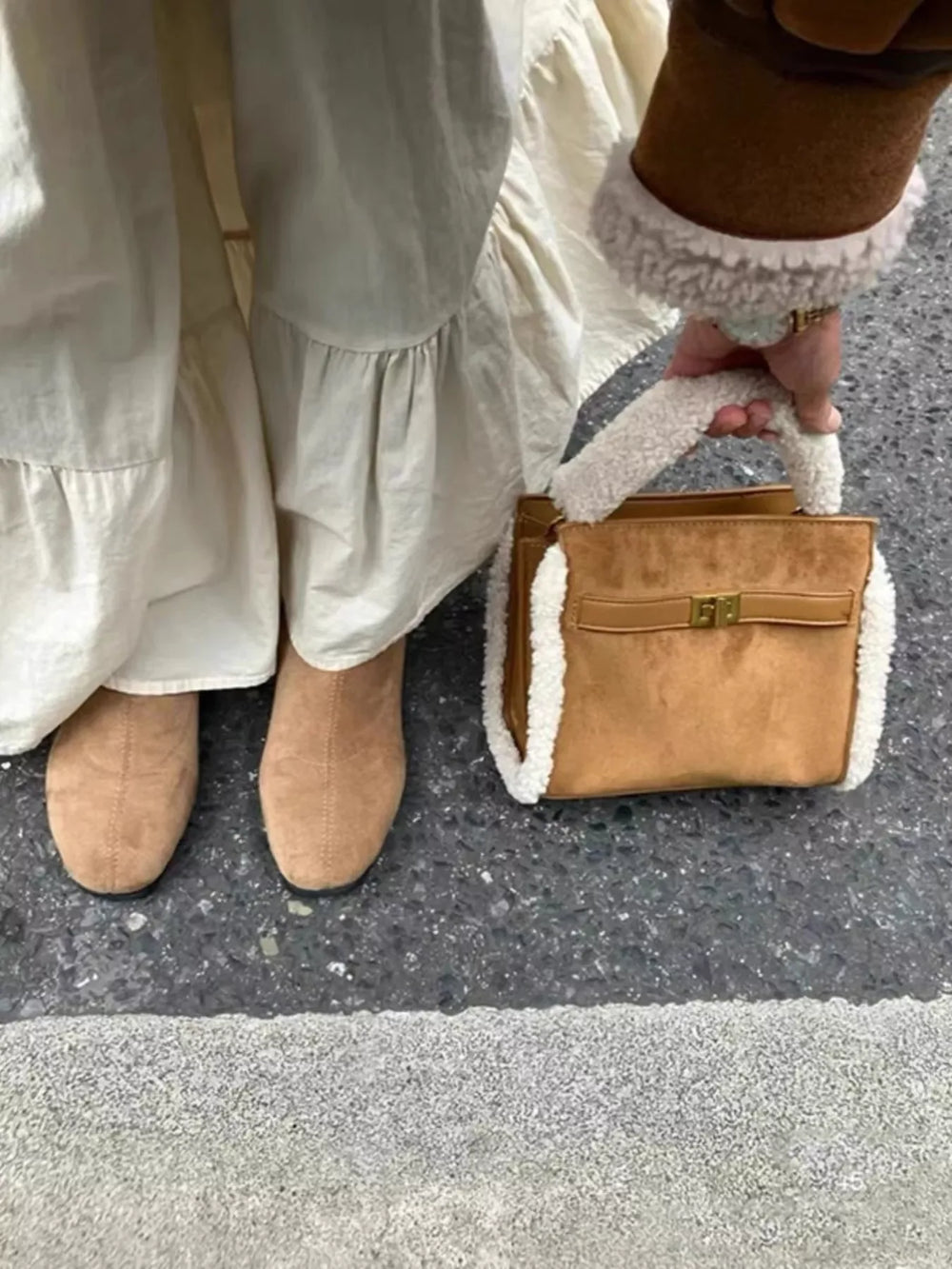 Sherpa Trim Suede Crossbody Bag - Trendsi - Flyclothing LLC