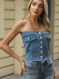 Smocked Button Up Tube Denim Top - Trendsi - Flyclothing LLC
