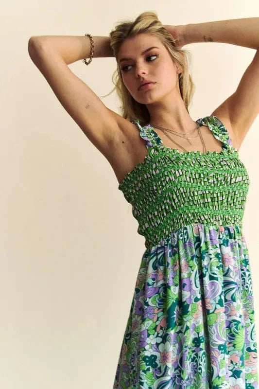 Davi & Dani Multi Smocked Bodice Geo Ruffle Strappy Midi Dress - Trendsi - Flyclothing LLC