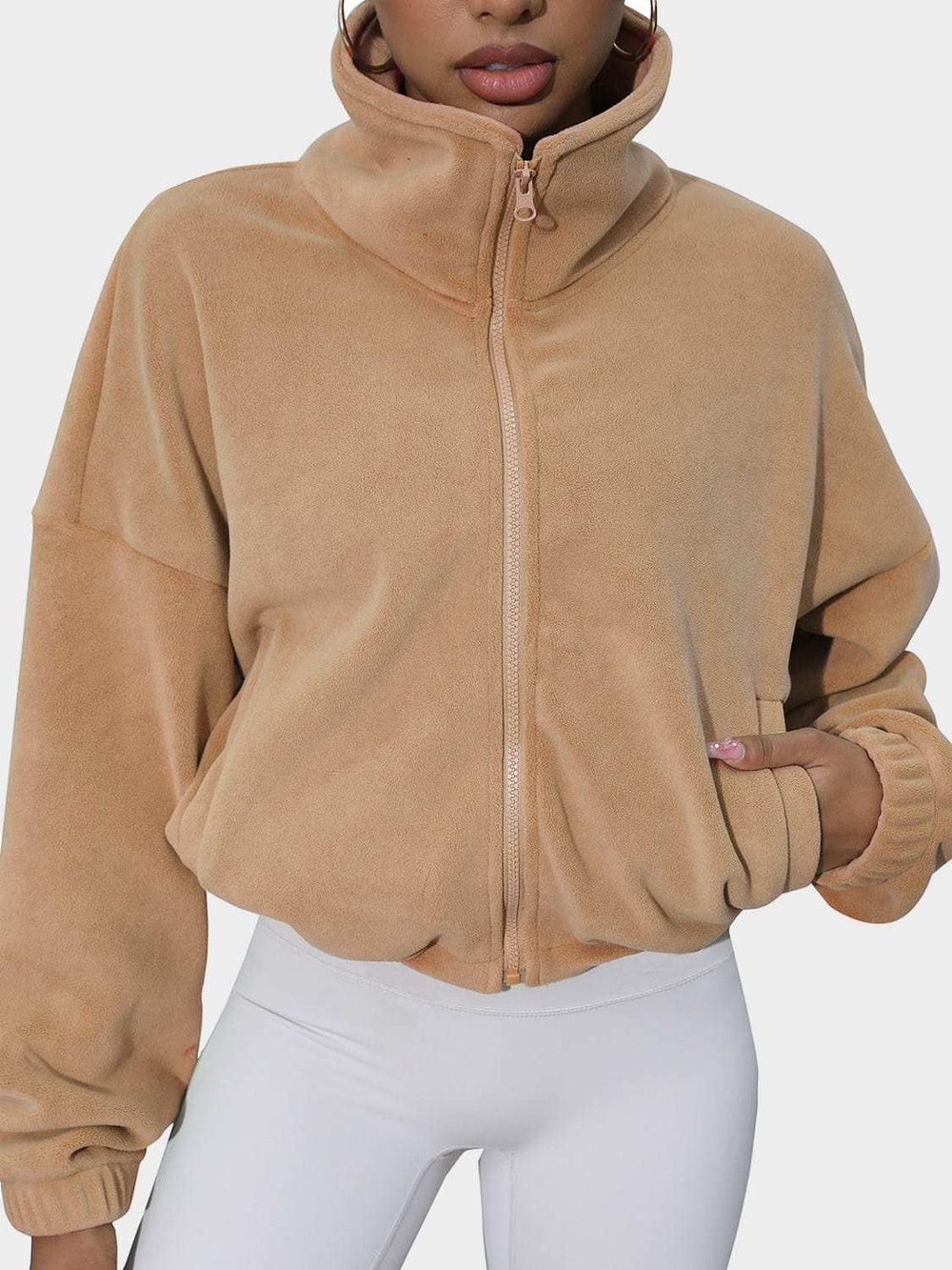 Drawstring Turtleneck Zip Up Long Sleeve Jacket - Trendsi - Flyclothing LLC
