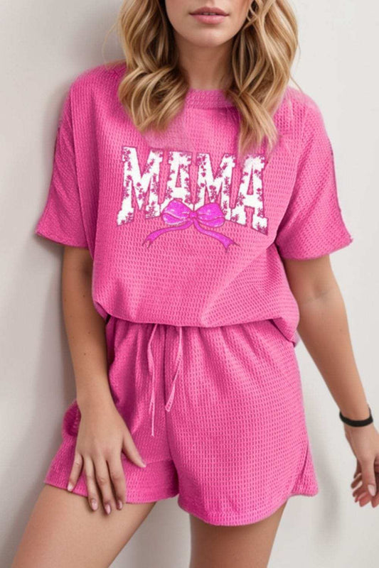 Waffle Sequin Floral MAMA Bow Graphic Top and Shorts Set - Trendsi - Flyclothing LLC