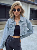 Distressed Raw Hem Cropped Denim Jacket - Trendsi - Flyclothing LLC