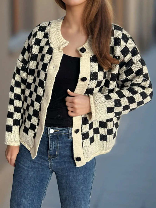Checkered Button Up Round Neck Cardigan - Trendsi - Flyclothing LLC