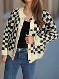 Checkered Button Up Round Neck Cardigan - Trendsi - Flyclothing LLC
