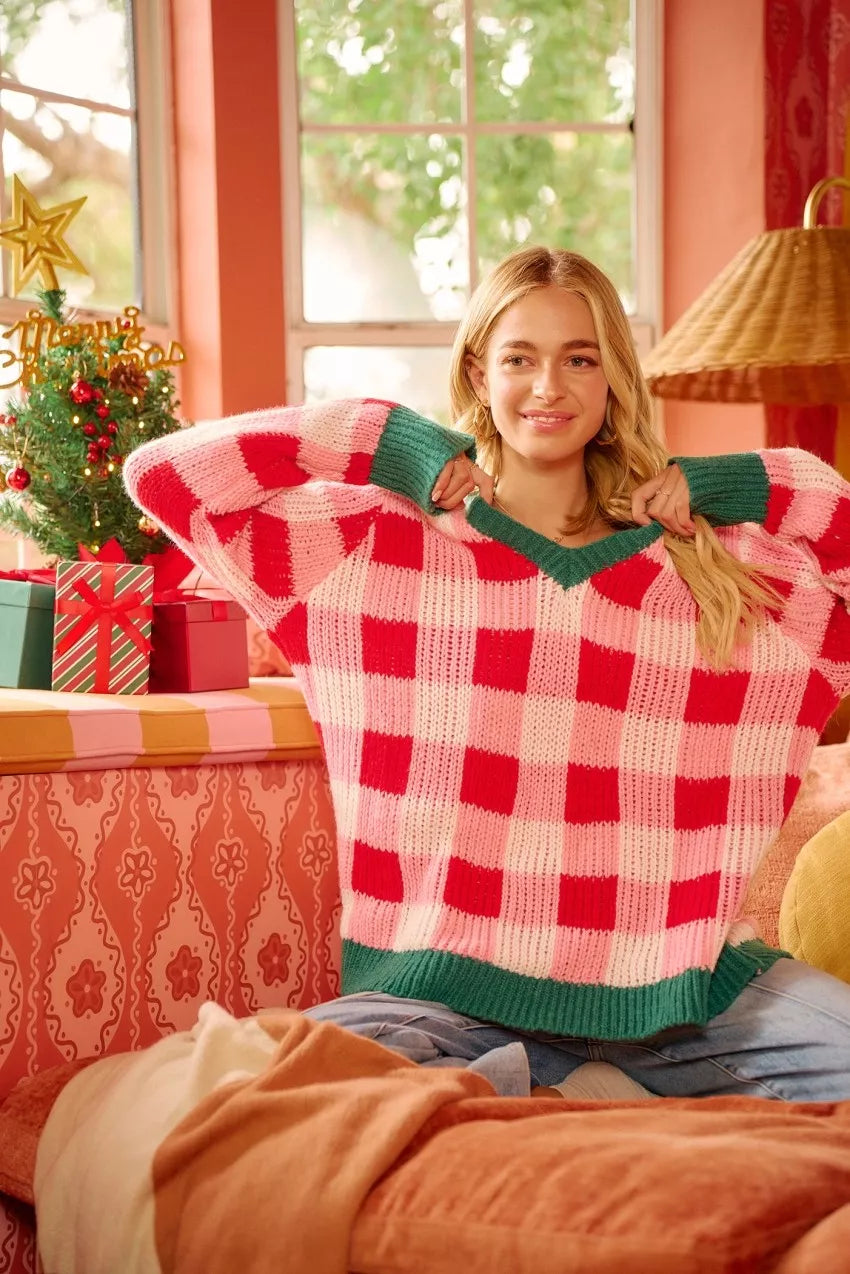 BiBi Christmas Theme Checker Board Sweater - Trendsi - Flyclothing LLC