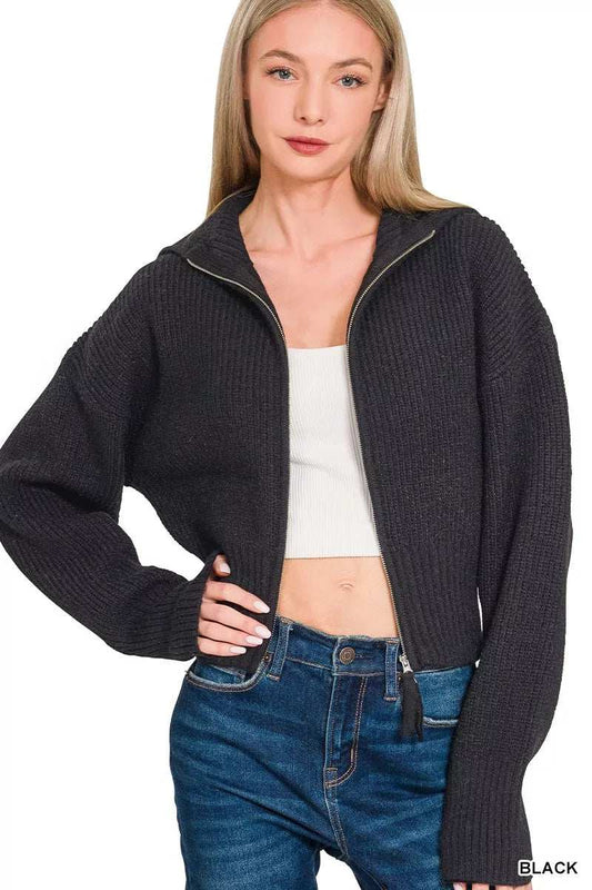 Zenana Ribbed Collared Zip Up Sweater Cardigan - Trendsi - Flyclothing LLC