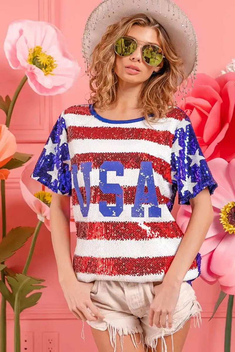BiBi American Flag Theme USA Lettering Sequin Top - Trendsi - Flyclothing LLC