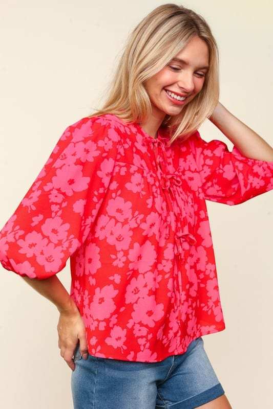 Haptics Full Size Ribbon Bow Floral Balloon Sleeve Blouse - Trendsi - Flyclothing LLC