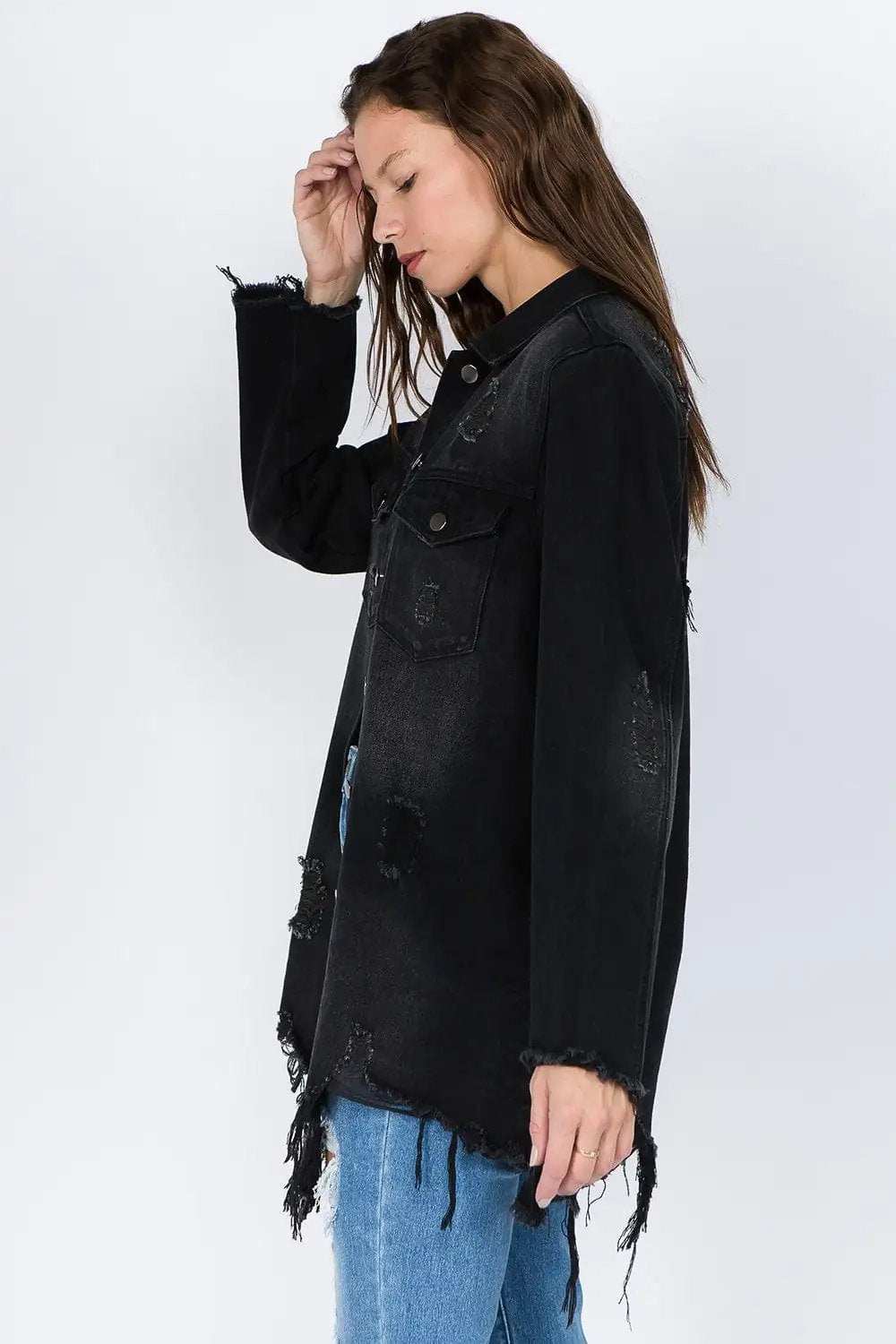 American Bazi Distressed Frayed Hem Denim Jacket - Trendsi - Flyclothing LLC