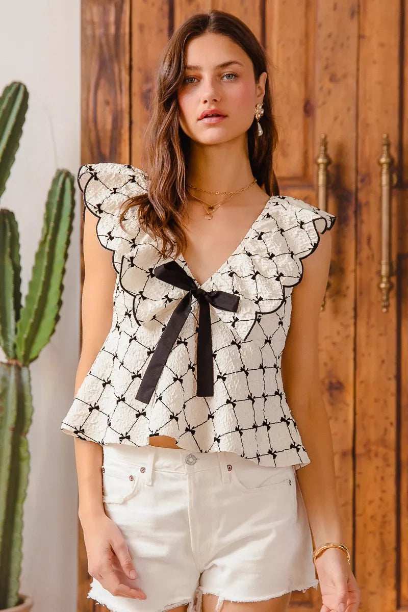 SO ME Bow Texture Jacquard Woven Top with Scallop and Tie - Trendsi - Flyclothing LLC