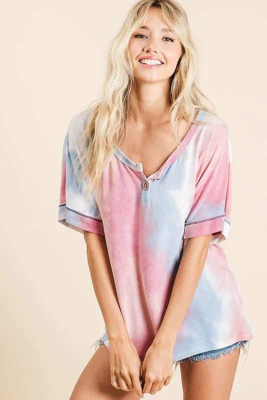 BiBi Tie Dye French Terry Top With Buttoned Placket - Trendsi - Flyclothing LLC