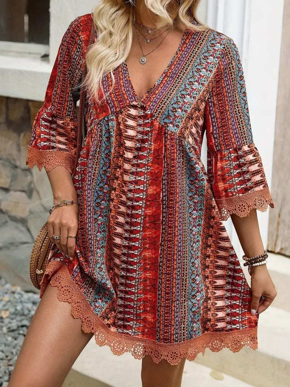Lace Trim Printed V-Neck 3/4 Sleeve Dress - Trendsi - Flyclothing LLC
