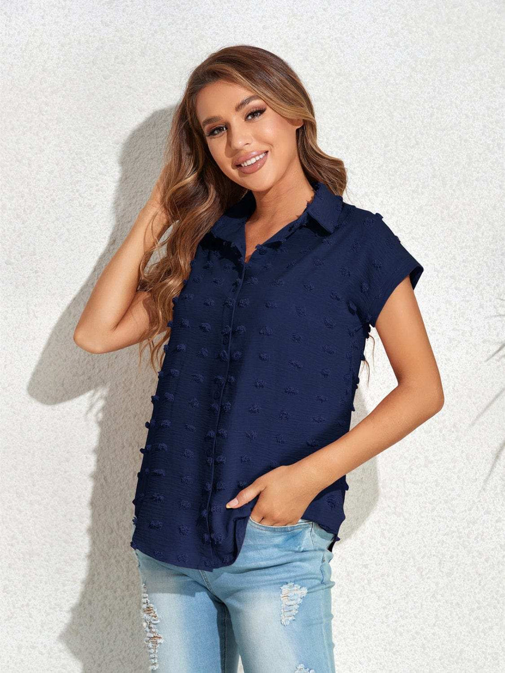 Swiss Dot Button Up Cap Sleeve Shirt - Trendsi - Flyclothing LLC