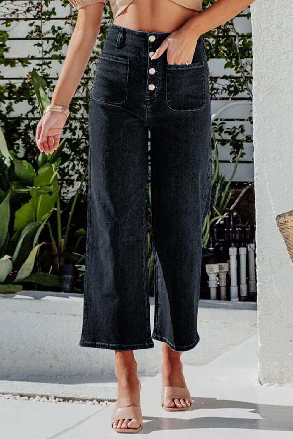Button Fly Cropped Wide Leg Jeans - Trendsi - Flyclothing LLC