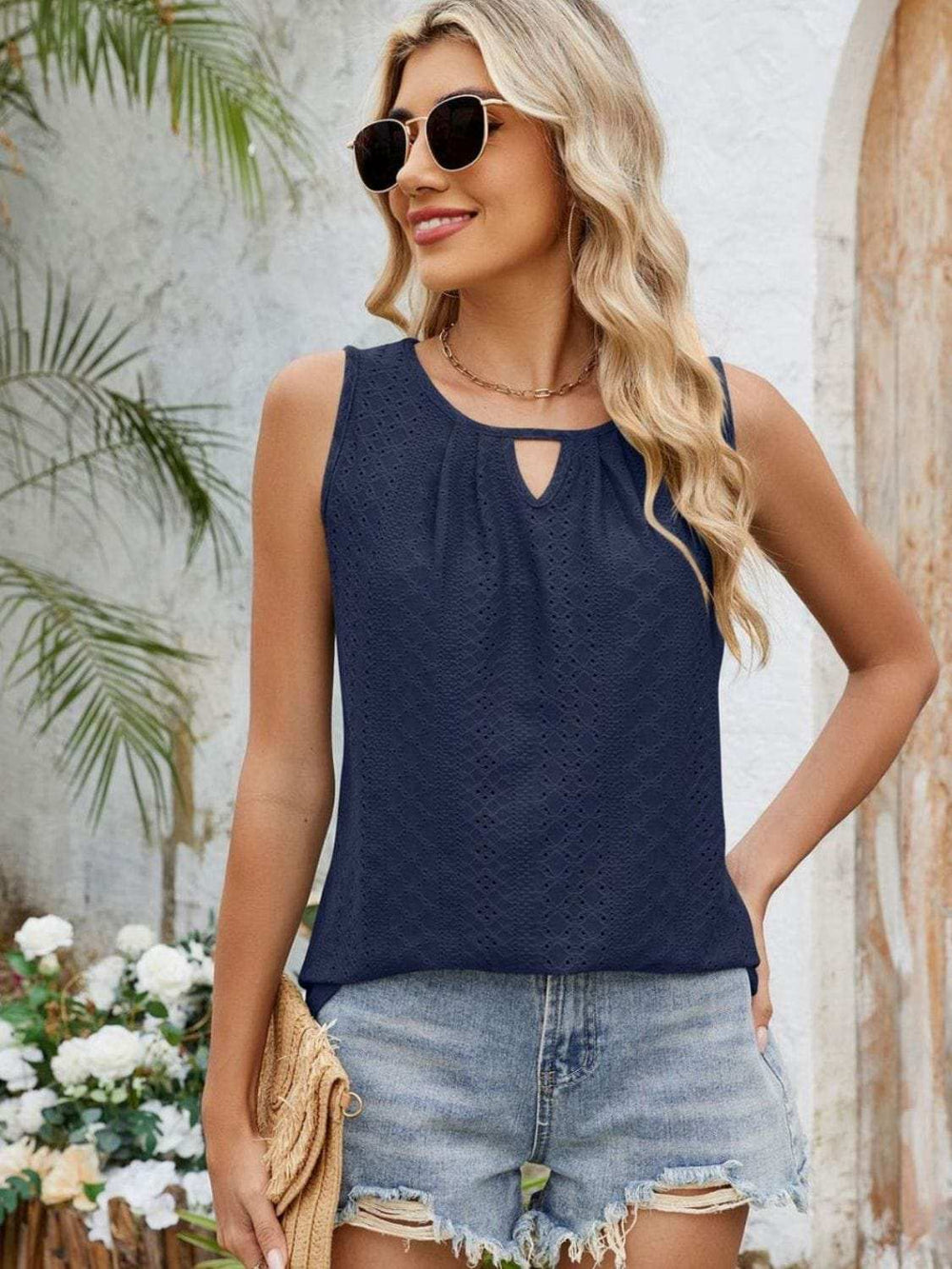 Eyelet Cutout Round Neck Tank - Trendsi - Flyclothing LLC