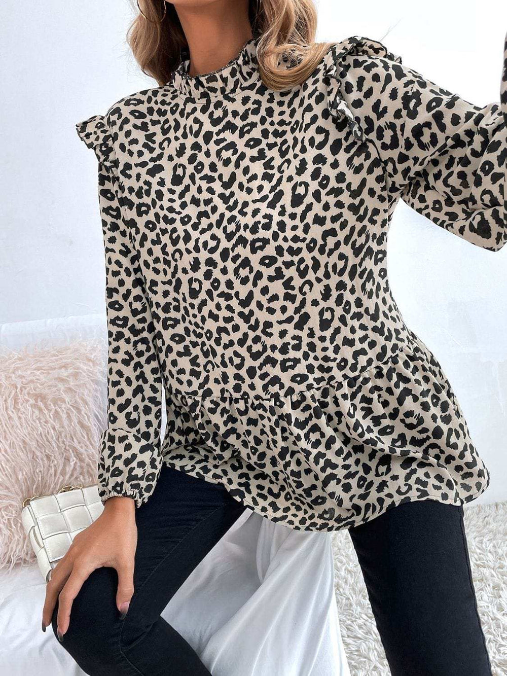 Ruffled Leopard Mock Neck Long Sleeve Blouse - Trendsi - Flyclothing LLC