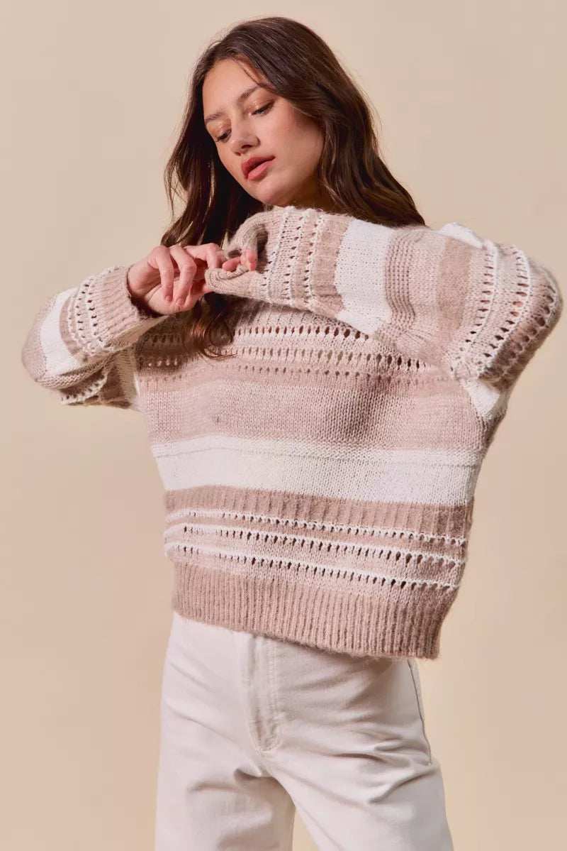 SO ME Variegated Stripe Textured Loose Fit Sweater - Trendsi - Flyclothing LLC