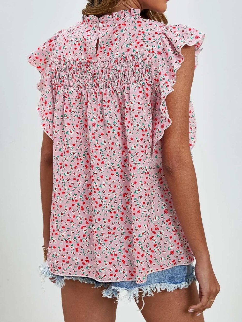 Ruffled Ditsy Floral Mock Neck Cap Sleeve Blouse - Trendsi - Flyclothing LLC