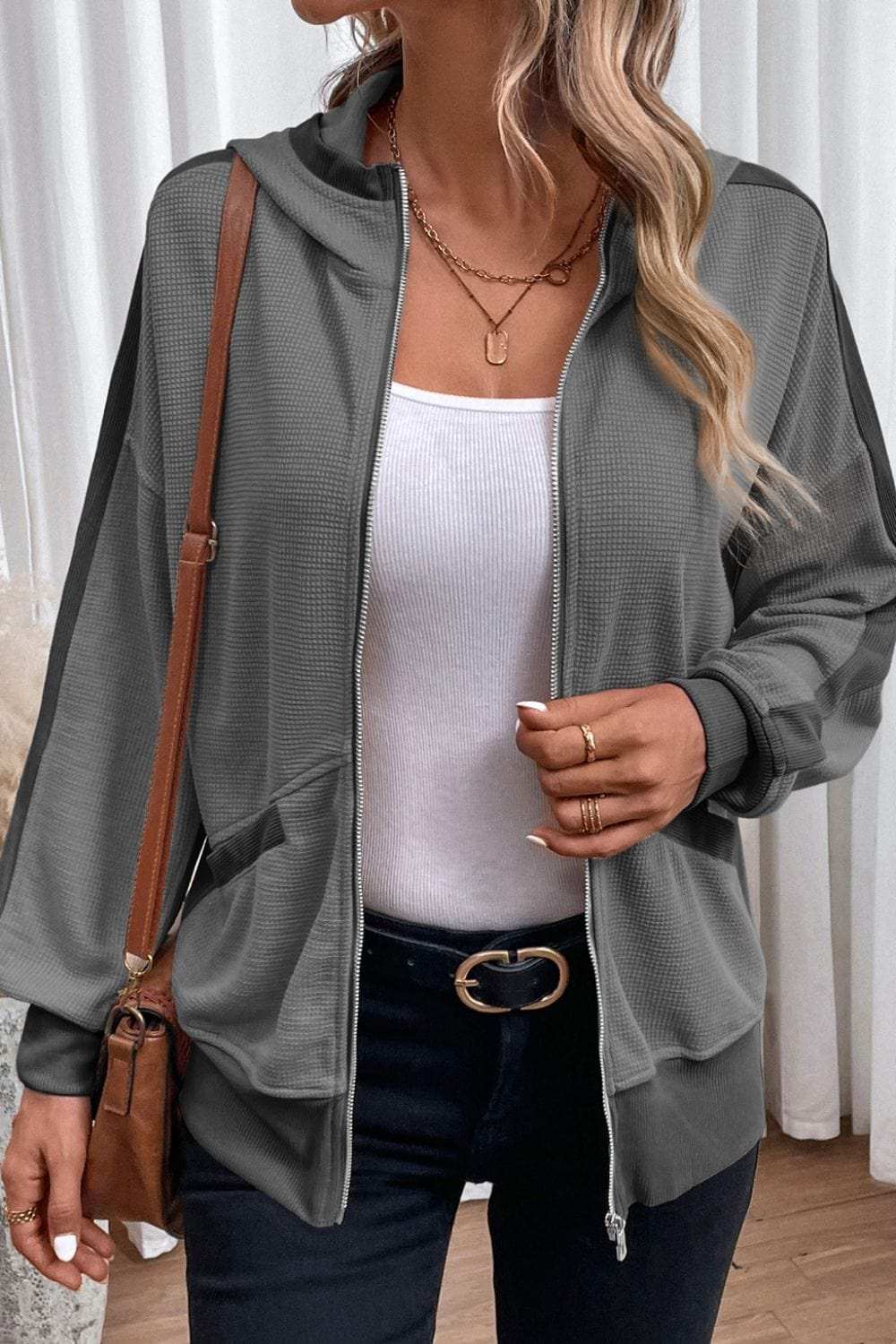 Waffle-Knit Pocketed Zip Up Hooded Jacket - Trendsi - Flyclothing LLC