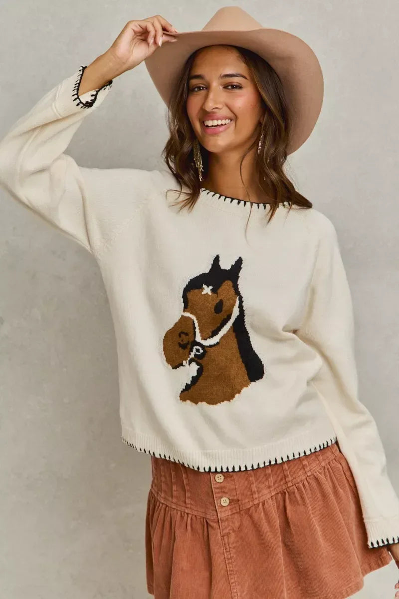 SO ME Horse Knit Sweater Top with Blanket Stitch - Trendsi - Flyclothing LLC