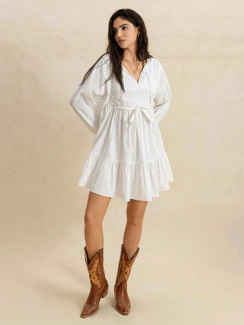 Tiered Tie Neck Long Sleeve Mini Dress - Trendsi - Flyclothing LLC