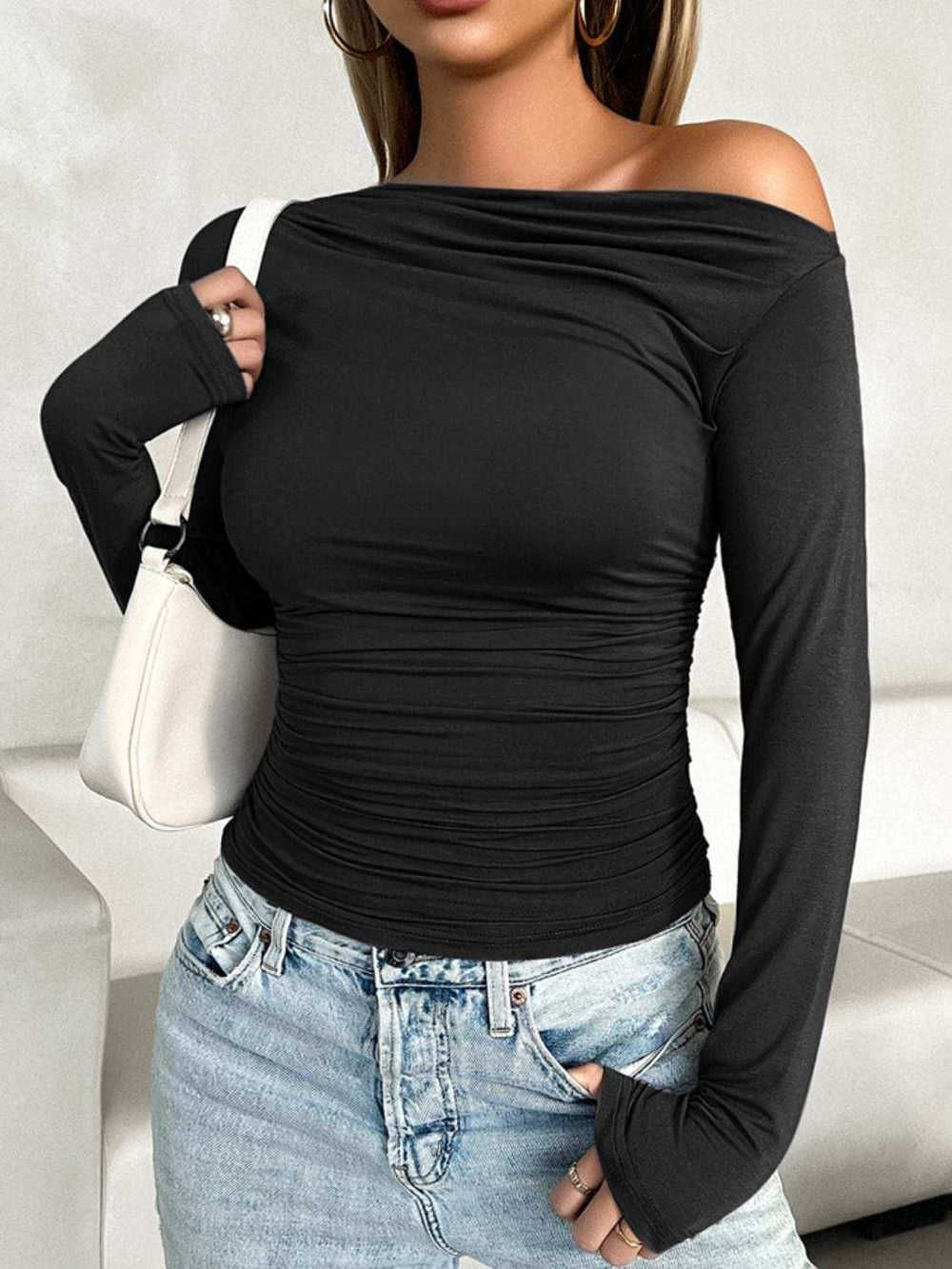Ruched One Shoulder Long Sleeve T-Shirt - Trendsi - Flyclothing LLC