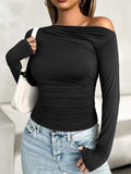 Ruched One Shoulder Long Sleeve T-Shirt - Trendsi - Flyclothing LLC