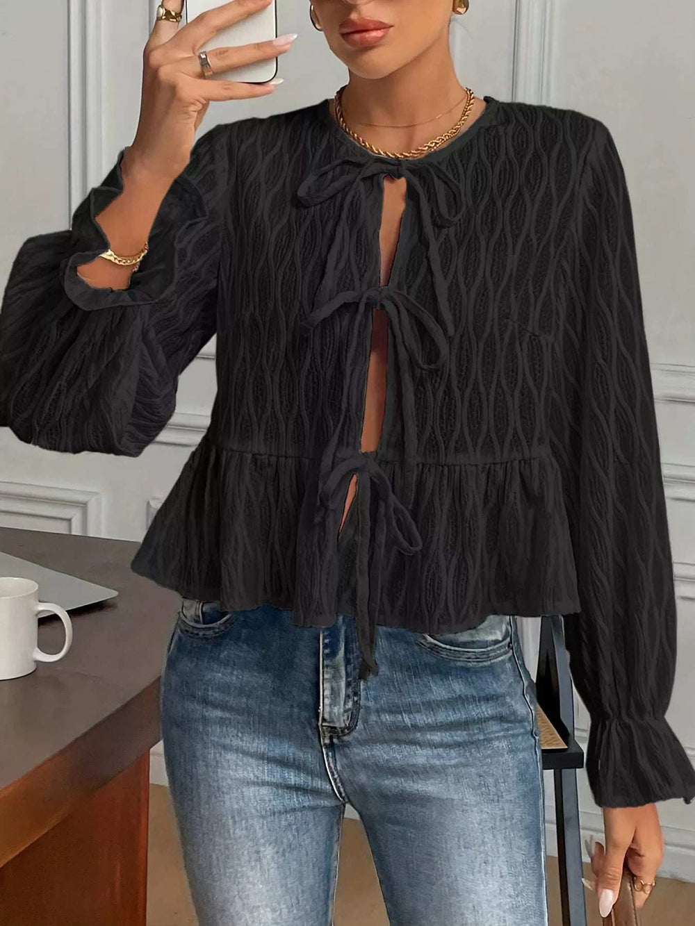 Tie Front Flounce Sleeve Blouse - Trendsi - Flyclothing LLC