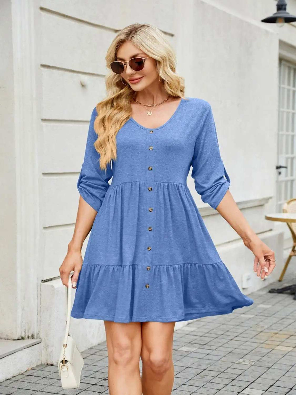 Tiered Ruched V-Neck Mini Dress - Trendsi - Flyclothing LLC