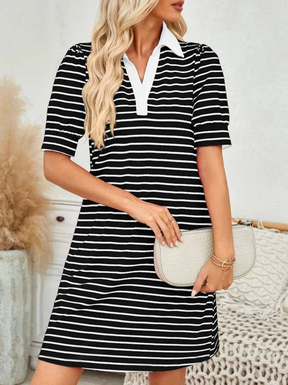 Contrast Striped Short Sleeve Mini Dress - Trendsi - Flyclothing LLC