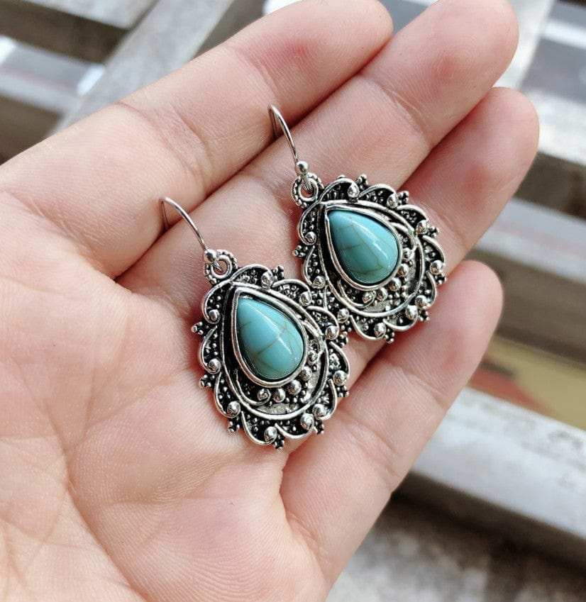 Artificial Turquoise Alloy Teardrop Dangle Earrings - Trendsi - Flyclothing LLC